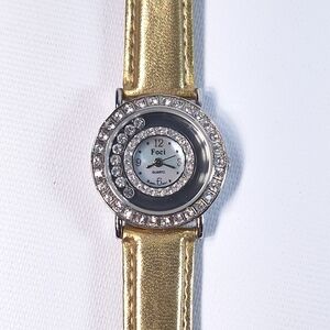 Foci Crystal Bezel Gold Tone Leather Band Womens Watch, New Battery